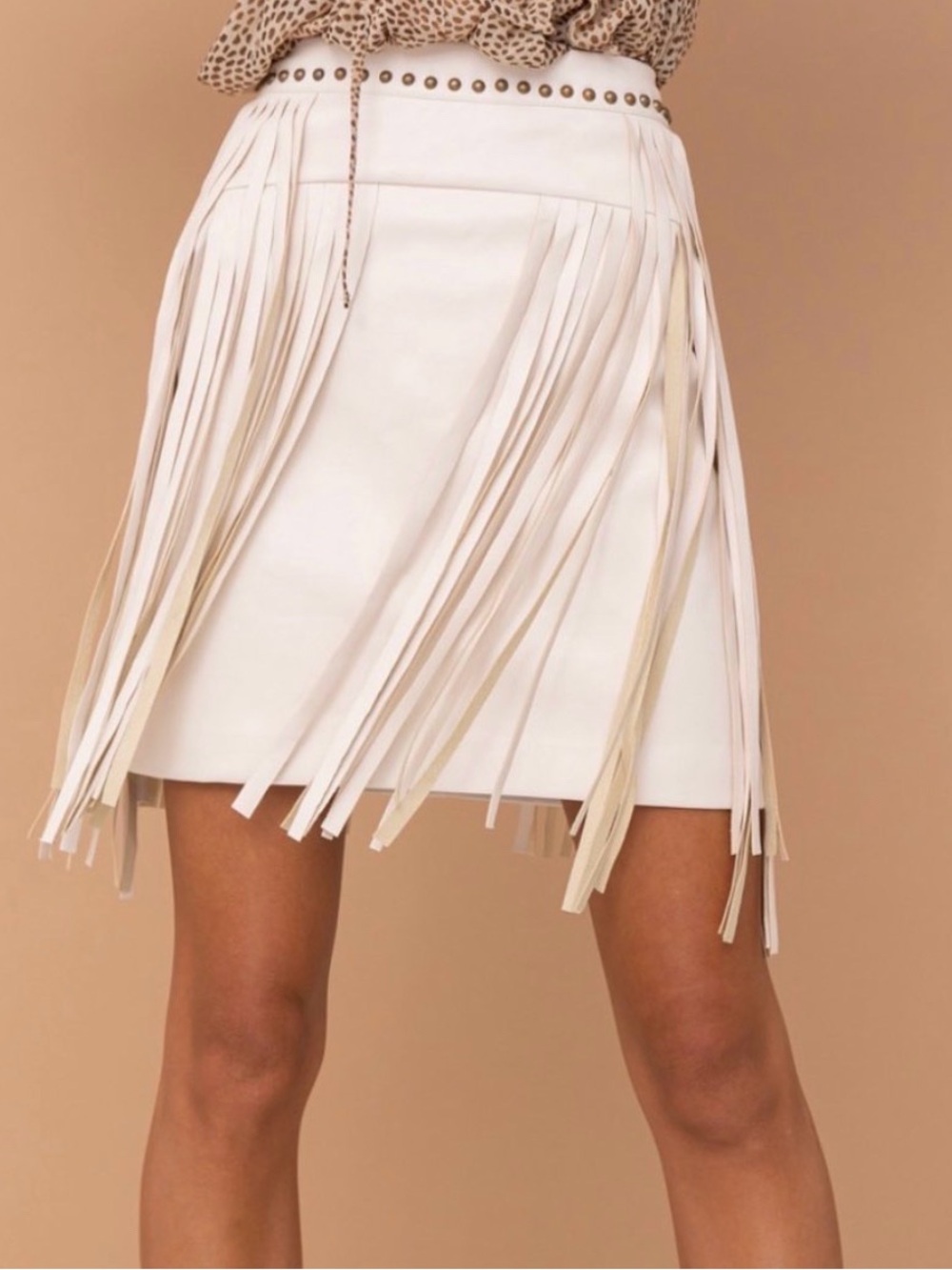 DAMAGED Fringe Detail White Mini Skirt